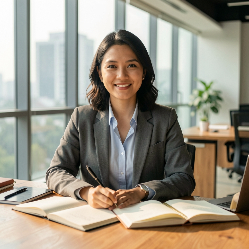 Belaro editorial team workspace in a Jakarta office, open notebooks on a large wooden table, morning light through floor-to-ceiling windows, calm and organised atmosphere