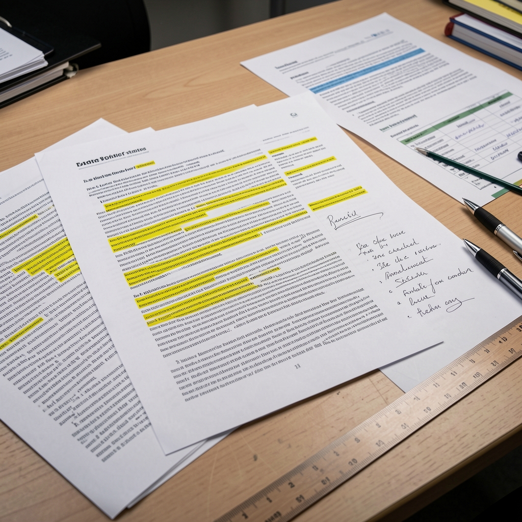 Close-up of research documents spread across a large editorial desk — printed journal articles with highlighted passages, handwritten annotation notes, a ruler, and a pen, under studio lighting