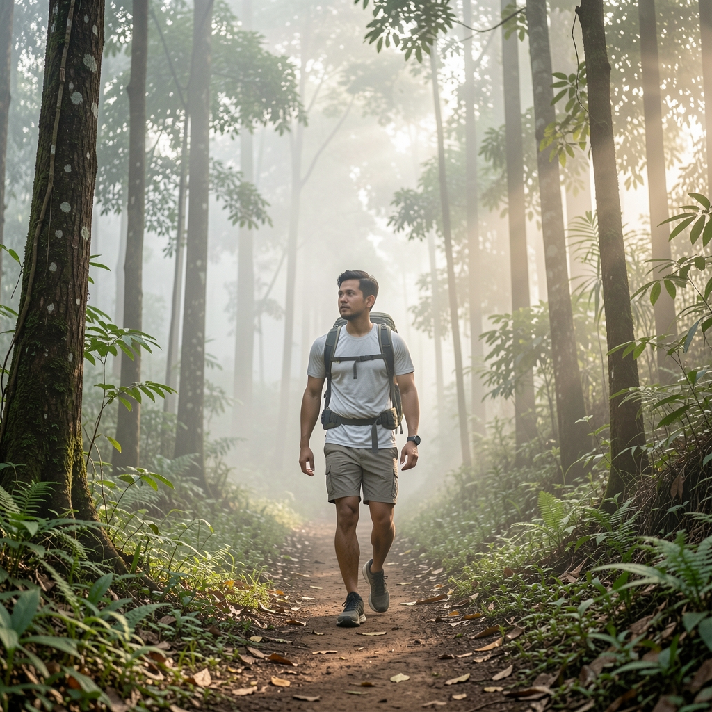 Man hiking on a trail near a forested area outside Jakarta, early morning mist visible between trees, wearing light athletic clothing and a small backpack